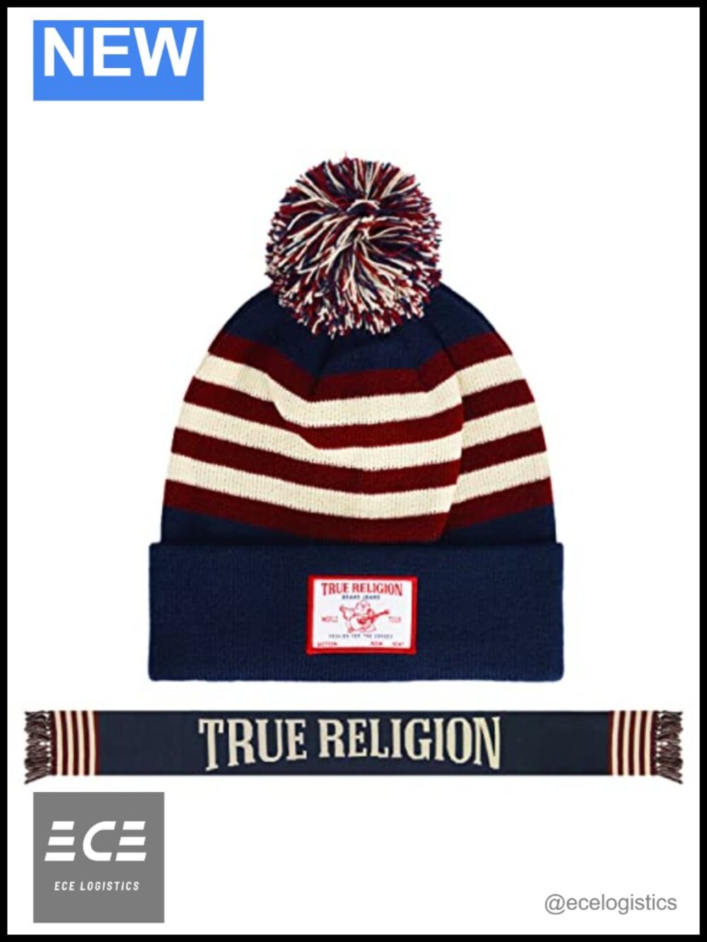 True Religion Beanie Hat and Scarf Set Cuffed Knit Cap Pom and Stadium Scarf